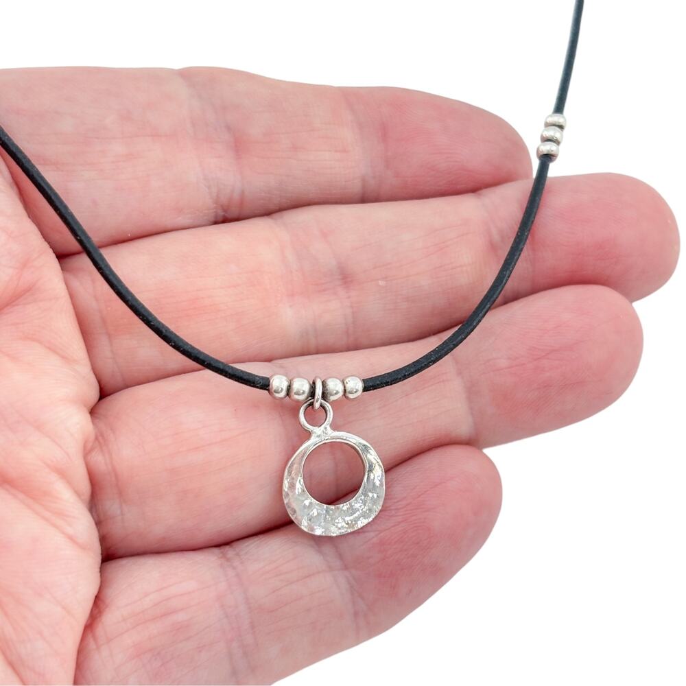 Retired Silpada Black Leather Sterling Silver Hammered Circle Necklace 16"